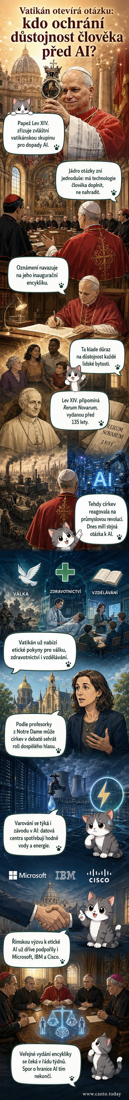 Ilustrace papeže a digitálního mozku s křížem, symbolizující setkání náboženství a umělé inteligence.