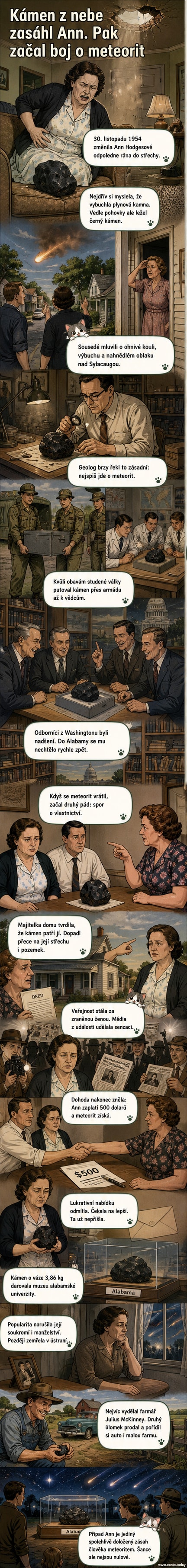 Ilustrace ženy ležící na pohovce, nad ní praská strop a padá černý kámen – scéna zasažení meteoritem v domě v Alabamě v roce 1954.