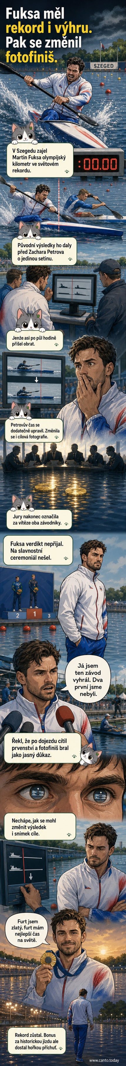 Český kanoista Martin Fuksa stojí s veslem v ruce, za ním tabule s výsledky závodu, kde je jeho čas nejlepší, ale vítězem je označen i Rus.