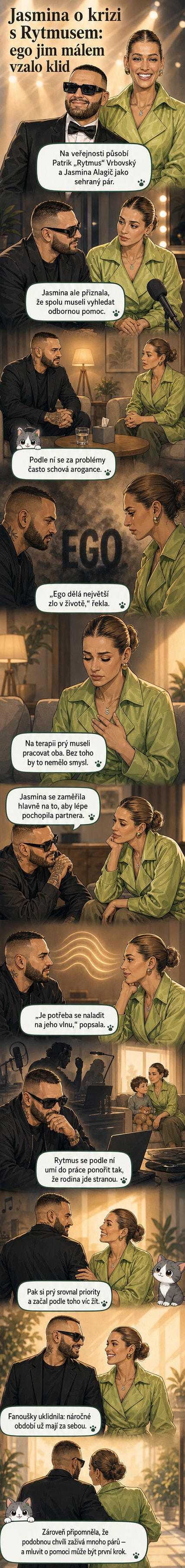 Ilustrace Jasminy Alagič a Patrika Rytmuse vedle sebe, s rozhovorem o vztazích a terapii na pozadí.