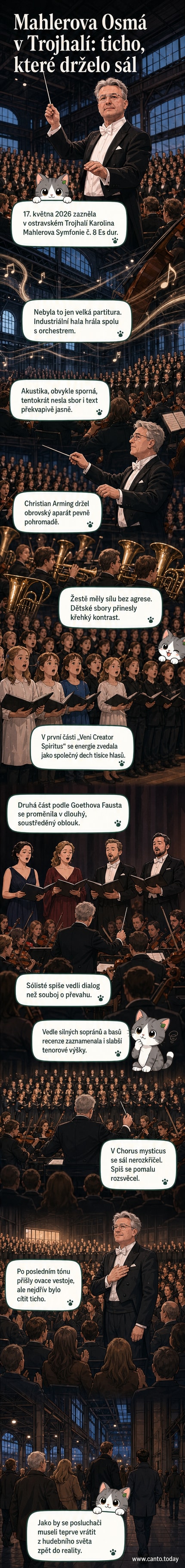 Hudba zní v obrovském průmyslovém prostoru Trojhalí Karolina, kde stovky hudebníků a zpěváků společně provádějí Mahlerovu Symfonii č. 8 pod taktovkou Christiana Arminga.