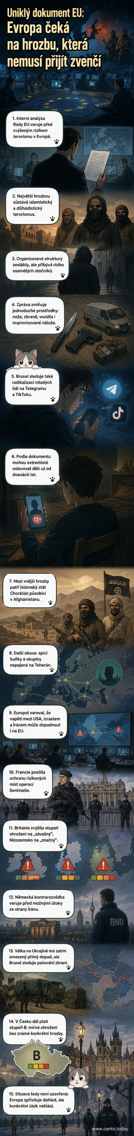 Ilustrace evropské mapy s ikonami teroristických hrozeb: spící buňky, sociální sítě, zbraně, vlajky Íránu a Afghánistánu.