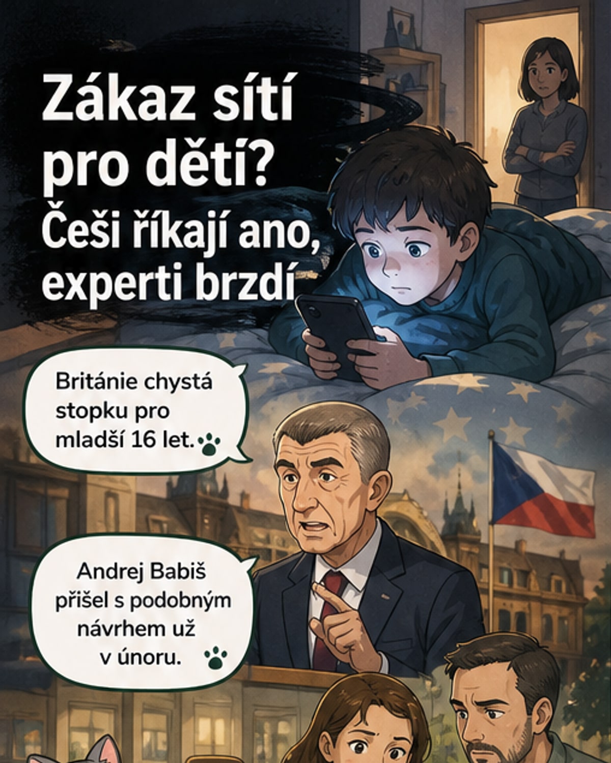 Ilustrace znázorňující dítě s telefonem, rodiče diskutující o pravidlech, a ikony sociálních sítí s červeným křížem – symbol debaty o zákazu pro mladé.