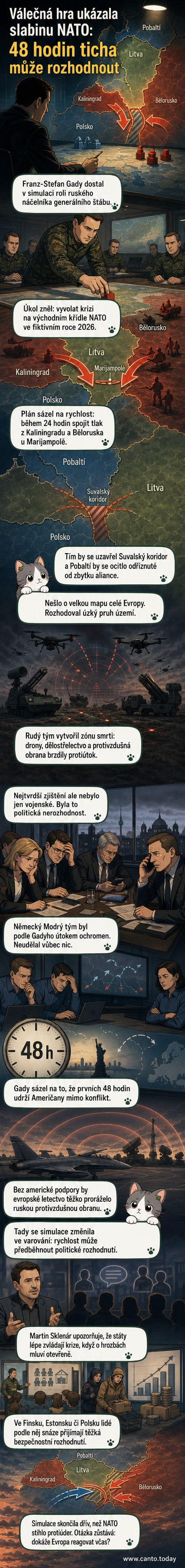 Ilustrace vojenské simulace ukazující ruský útok z Kaliningradu a Běloruska směrem k Litevsku, s vyznačením Suvalského průsmyku a města Marijampole.