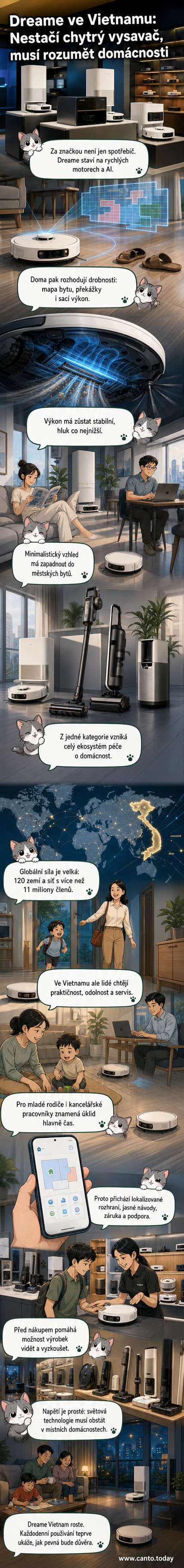 Ilustrace robotického vysavače Dreame ve stylizované vietnamské domácnosti, s důrazem na čistotu a moderní design.