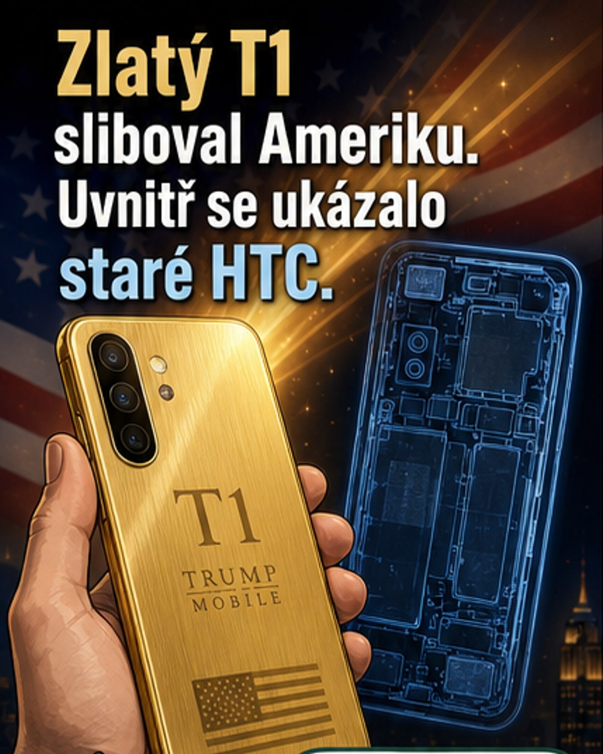Ilustrace zlatého telefonu s odhaleným vnitřkem, kde je vidět shodná deska s modelem HTC U24 Pro.