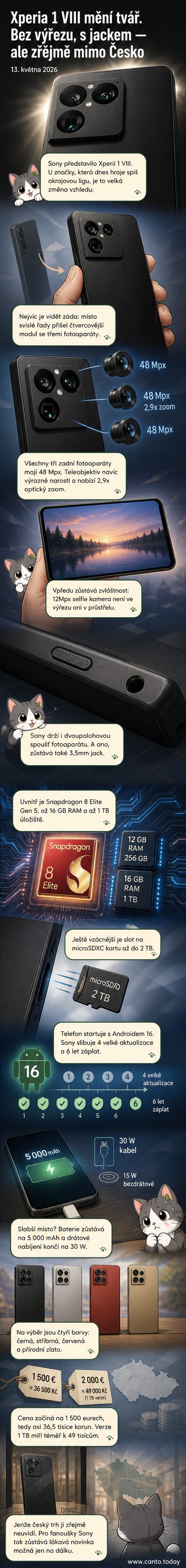 Ilustrace nového Sony Xperia 1 VIII s čtvercovým fotoaparátovým modulem na zadní straně, tenkými rámečky a bez výřezu na displeji.