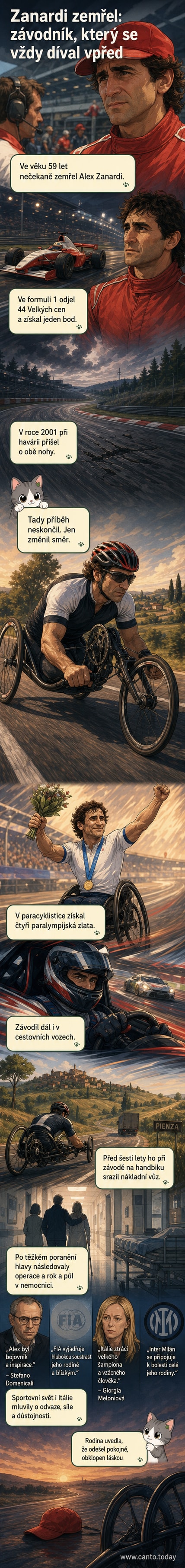 Portrét Alexe Zanardiho v závodním obleku, na pozadí závodní okruh a paralympijské medaile.