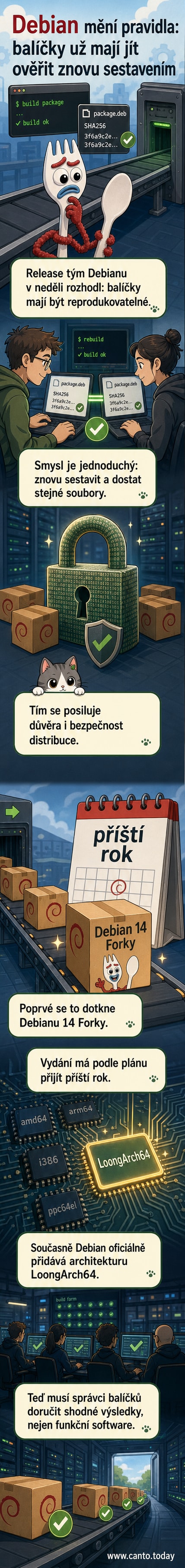 Ilustrace ukazující proces, kdy dva vývojáři nezávisle překompilují stejný zdrojový kód a vytvoří identický balíček, symbolizující důvěru a bezpečnost.