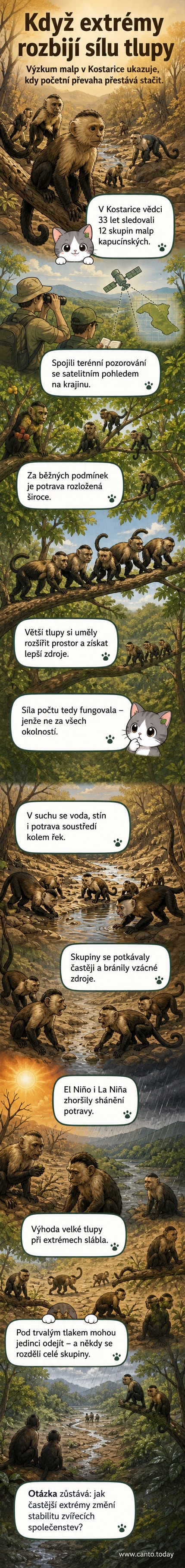 Ilustrace kapucínských opic ve střehu na okraji tropického lesa, kolem řeky s omezenými zdroji během sucha, na pozadí extrémních početních podmínek.