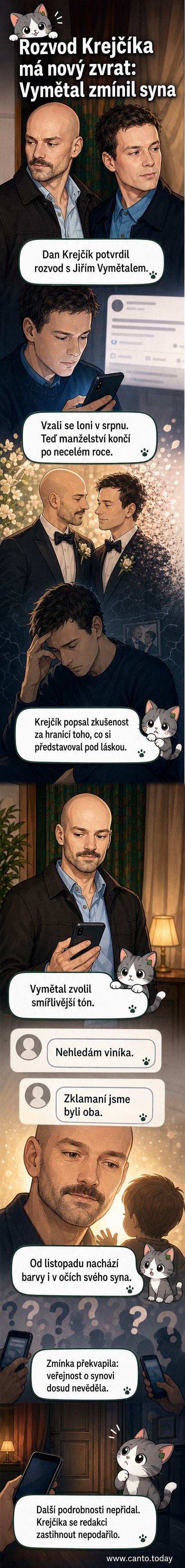 Ilustrace dvou mužů, kteří se vzali a nyní oznámili rozvod, s tajemstvím syna objeveným až po rozchodu.