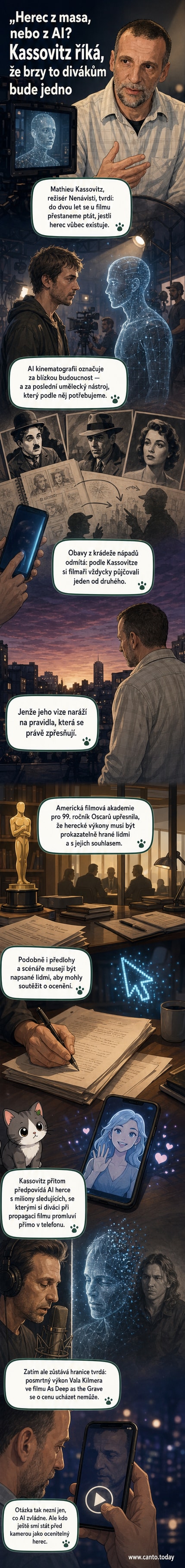 Ilustrace režiséra Mathieu Kassovitze stojícího mezi reálným a digitálním hercem, na pozadí filmová klapečka a AI ikony.