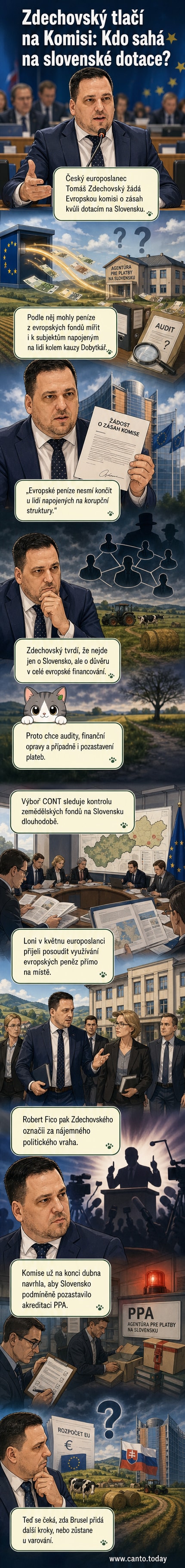 Ilustrace českého europoslance upozorňujícího na podezřelé dotace na Slovensku, na pozadí evropská vlajka a dokumenty s pečetí „Dobytkář“.