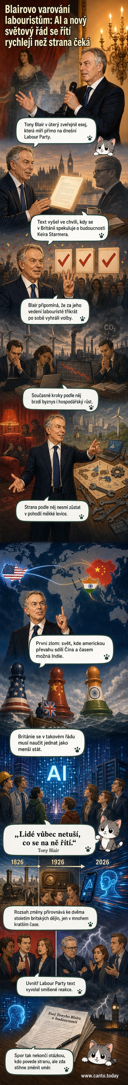 Ilustrace Tonyho Blaira s globem a ikonami umělé inteligence a geopolitických změn na pozadí.
