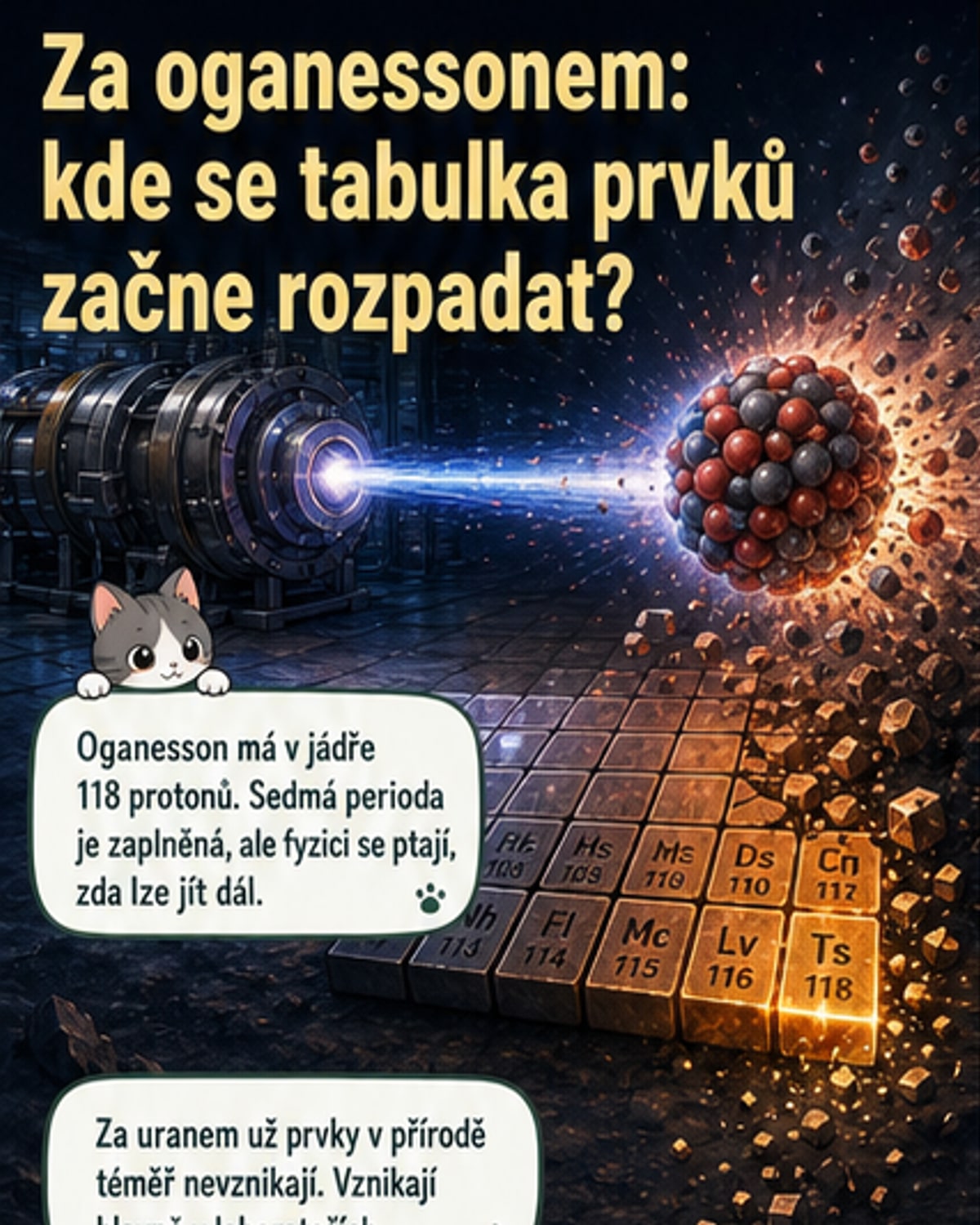 Ilustrace atomového jádra s velkým počtem protonů a neutronů, obklopeného elektronovými obaly, na pozadí periodické tabulky s označením oganessonu a hypotetické oblasti kolem prvku 126.