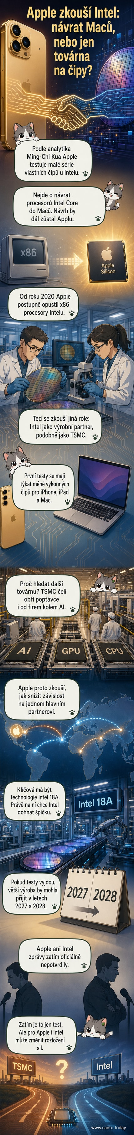 Ilustrace dvou čipů s logy Apple a Intel, spojených linkou – symbolizující potenciální novou spolupráci v oblasti výroby polovodičů.