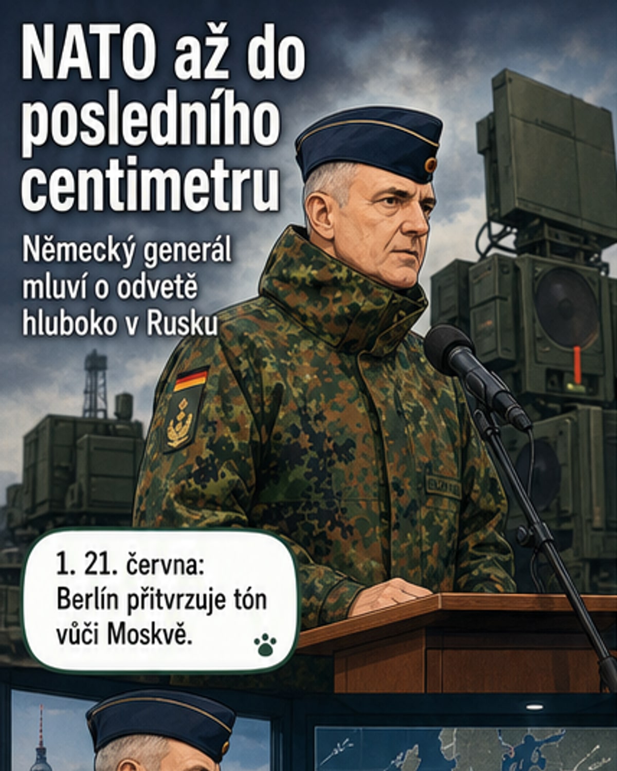 Ilustrace německého generála stojícího před mapou Evropy, kde jsou označeny ruské cíle Kaliningrad, Petrohrad a Černé moře, zatímco letky stíhaček směřují k hranicím.