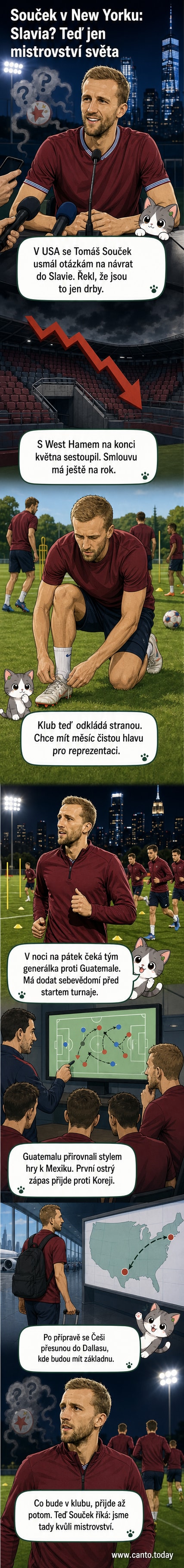 Tomáš Souček stojí na trávníku v dresu české reprezentace, ruce na bocích, v pozadí stadion a fanoušci