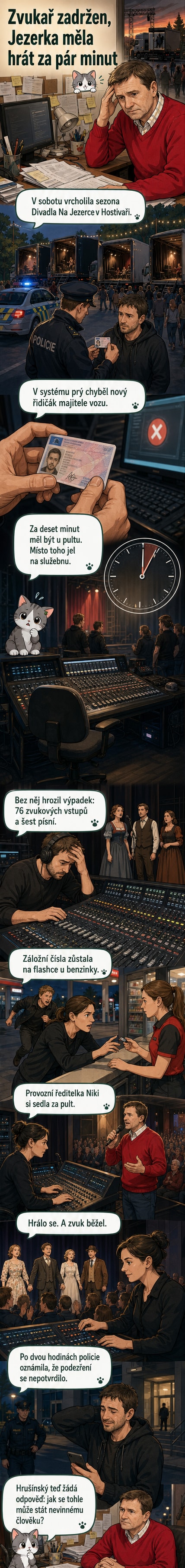 Ilustrace: Zvukař stojí u policejního vozu, zatímco herec Jan Hrušínský mluví do mikrofonu před divadlem na kamionu.