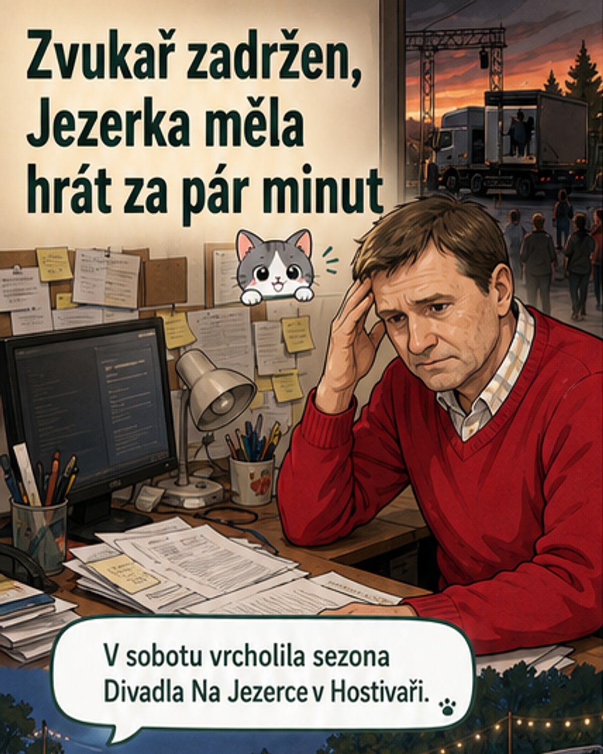 Ilustrace: Zvukař stojí u policejního vozu, zatímco herec Jan Hrušínský mluví do mikrofonu před divadlem na kamionu.