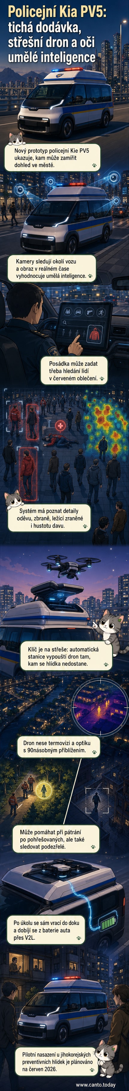 Prototyp policejního vozu Kia PV5 s dronem uloženým ve střešním boxu, v pozadí městská zástavba