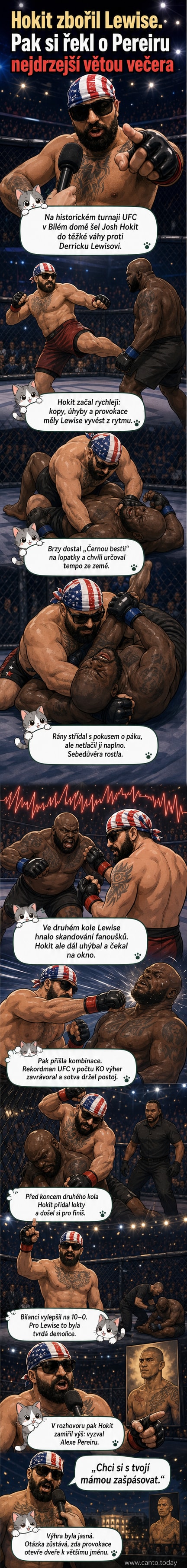 Josh Hokit stojí nad poraženým Derrickem Lewisem v oktagonu, ruce zvednuté ve vítězném gestu, publika nadšeně reaguje na pozadí.