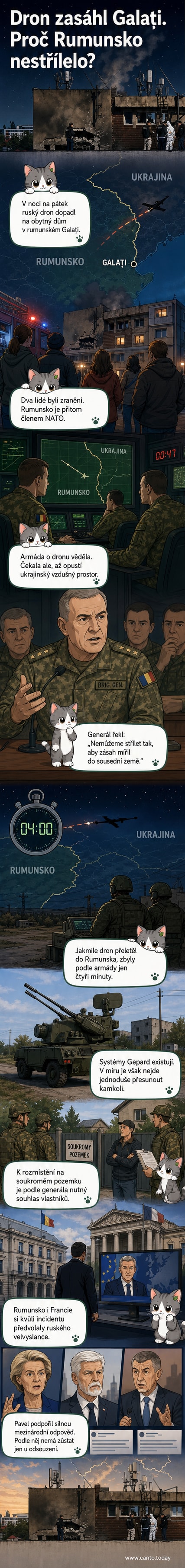 Ilustrace ruského dronu letícího nad hranicí Ukrajiny a Rumunska, s označením města Galați, kde dron zasáhl obytný dům.