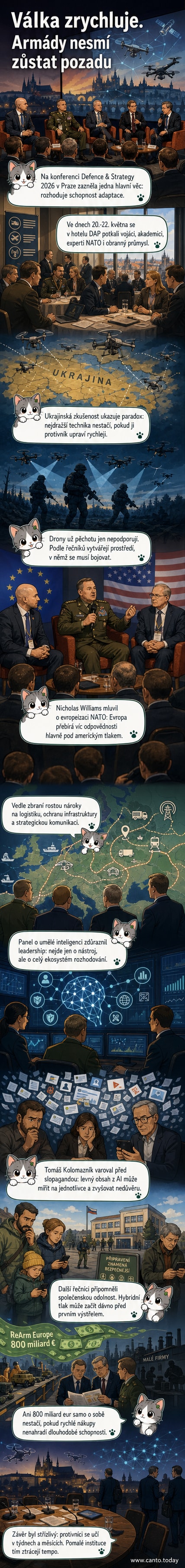 Ilustrace ukazuje moderní bojiště s drony, AI a digitálními hrozbami, kde vojáci a civilisté společně reagují na rychle se měnící situaci.