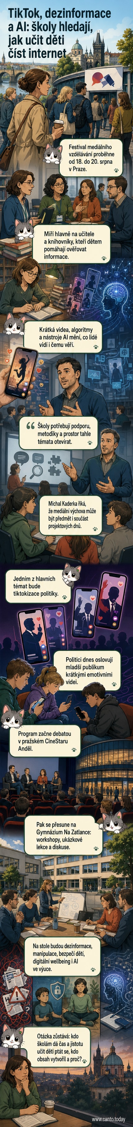 Ilustrace: učitelka ukazuje na tabuli s ikonami sociálních sítí, AI a zpravodaje, zatímco děti sledují tablety a telefony.