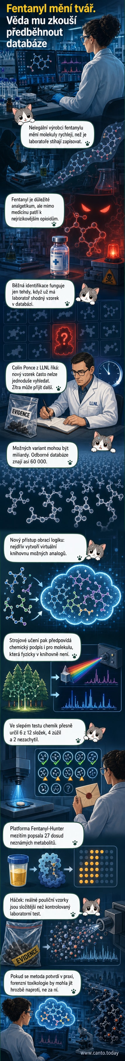 Ilustrace: laboratorní analytik pracuje s hmotnostním spektrometrem, na obrazovce bliká varovný signál a graf s chemickými strukturami fentanylu.