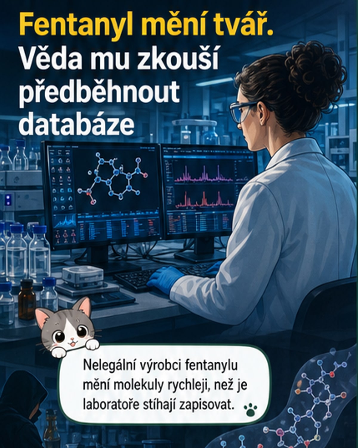 Ilustrace: laboratorní analytik pracuje s hmotnostním spektrometrem, na obrazovce bliká varovný signál a graf s chemickými strukturami fentanylu.