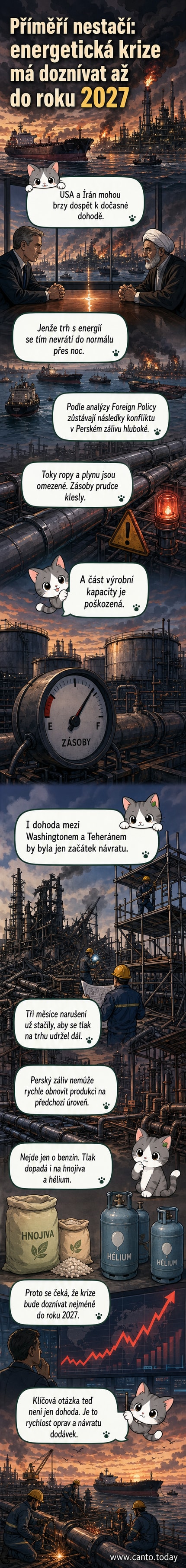 Ilustrace znázorňující napěďí v oblasti Perského zálivu a jeho dopad na globální dodávky energie