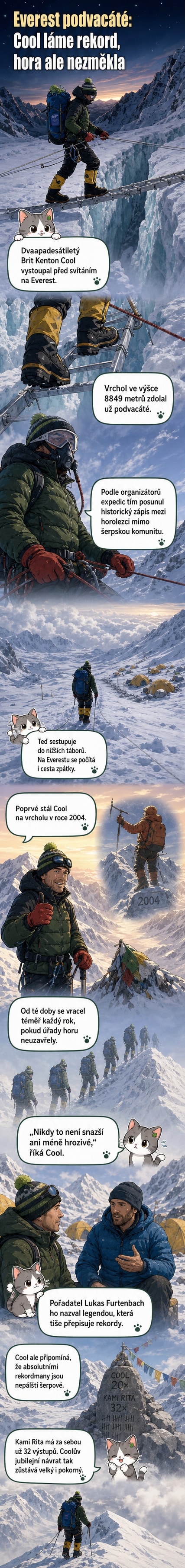 Horolezec stojí na zasněženém vrcholu Mount Everestu za úsvitu, v pozadí se rýsují hřebeny Himalájí.