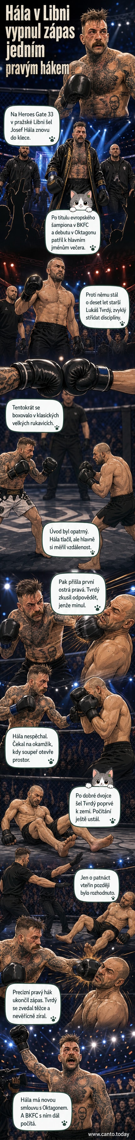 Ilustrace zápasu: Josef Hála stojí nad poraženým soupeřem v kleci, publika sleduje napjatě zápas v pražské aréně.