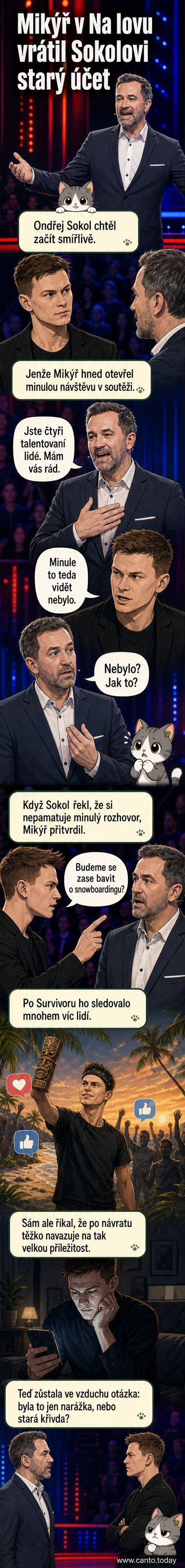 Ilustrace napjatého setkání mezi moderátorem Ondřejem Sokolem a vítězem Survivoru Martinem Mikýřem během televizního vysílání.
