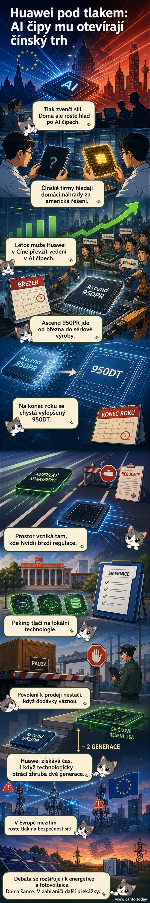 Ilustrace čínského loga Huawei vedle čipu Ascend 950PR a mapy Evropy s ikonami bezpečnostních varování.