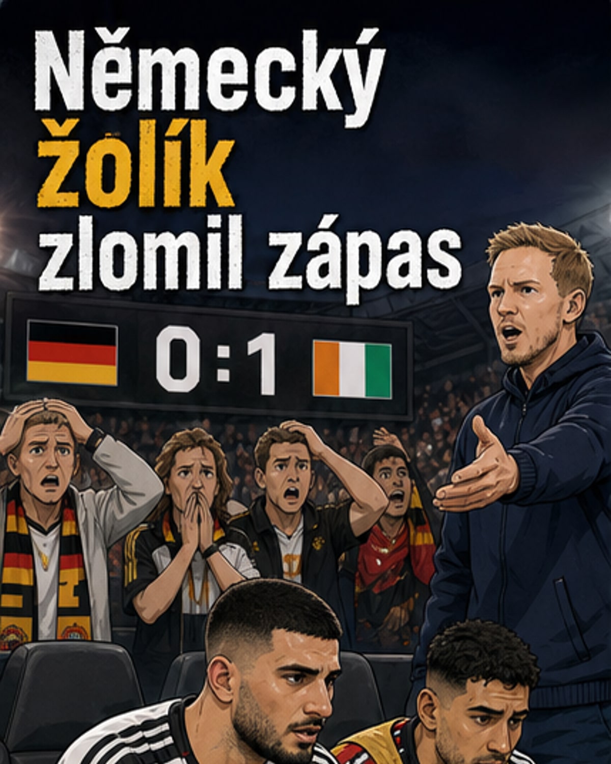 Fotbalista Deniz Undav slaví gól pro Německo proti Pobřeží slonoviny na MS 2026, kolem něj spoluhráči a fanoušci.
