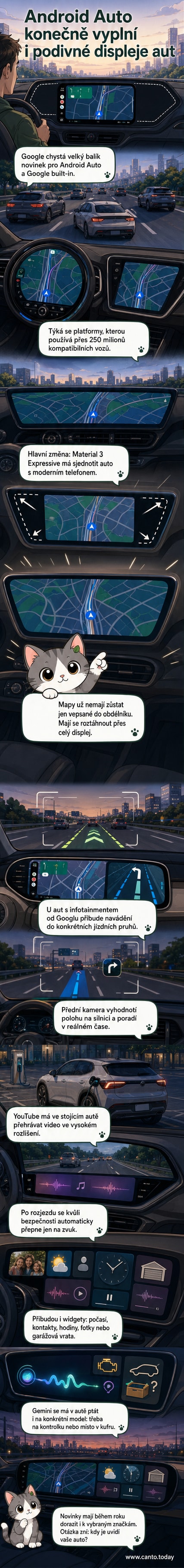 Ilustrace nového rozhraní Android Auto zobrazujícího se na různých tvarech automobilových displejů, včetně kruhového a širokoúhlého.