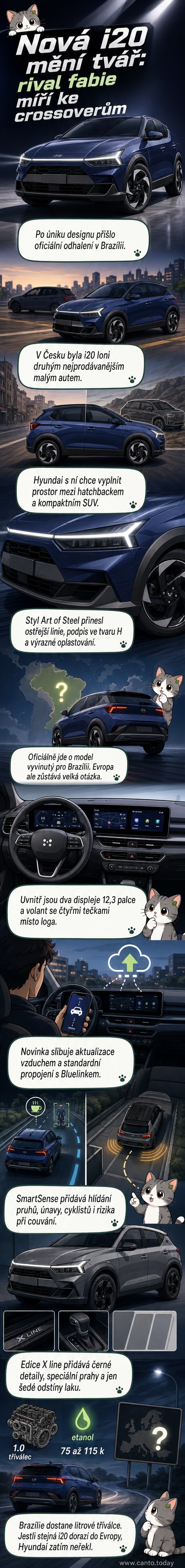 Nový Hyundai i20 v šedém provedení stojí na asfaltu, představuje vysoký hatchback s crossoverovým designem, výraznými světly a 17palcovými koly.