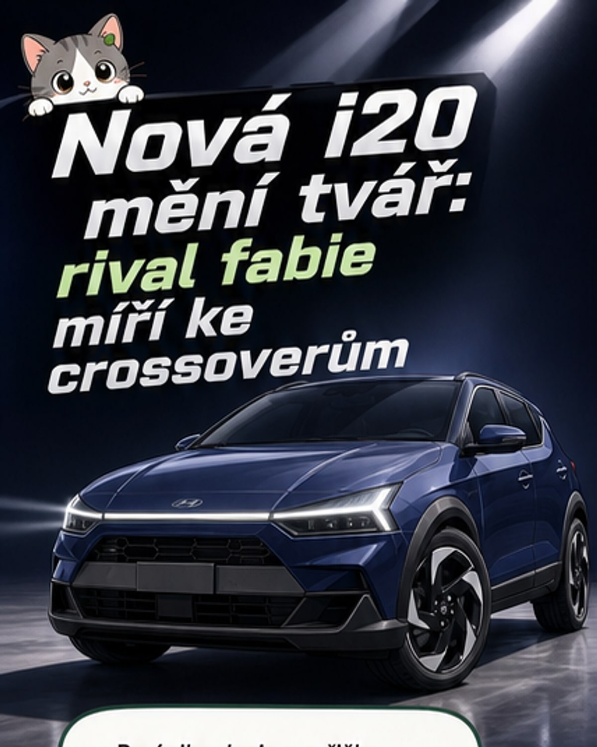 Nový Hyundai i20 v šedém provedení stojí na asfaltu, představuje vysoký hatchback s crossoverovým designem, výraznými světly a 17palcovými koly.