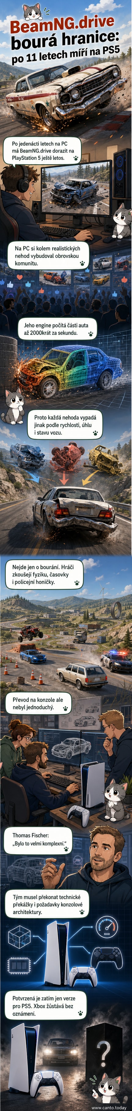 Ilustrace hry BeamNG.drive s rozbitým autem uprostřed silnice, okolí připomíná otevřenou mapu s realistickou fyzikou poškození.