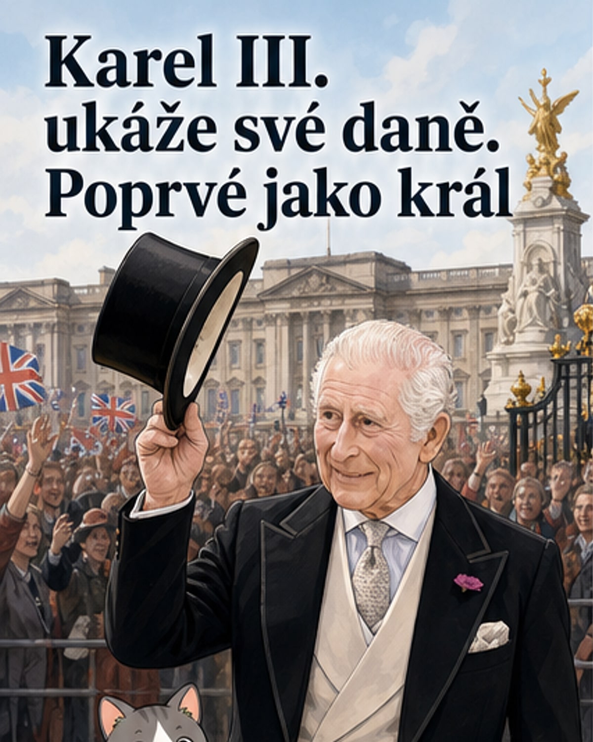 Kresba krále Karla III. s dokumentem v ruce, na pozadí Buckinghamského paláce, symbolizující zveřejnění daňového přiznání.