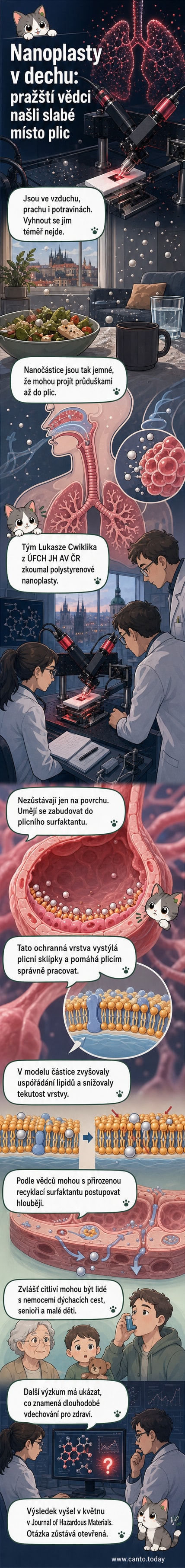 Ilustrace nanoplastových částic, které pronikají do lipidové vrstvy plicního surfaktantu, podle výzkumu českých vědců