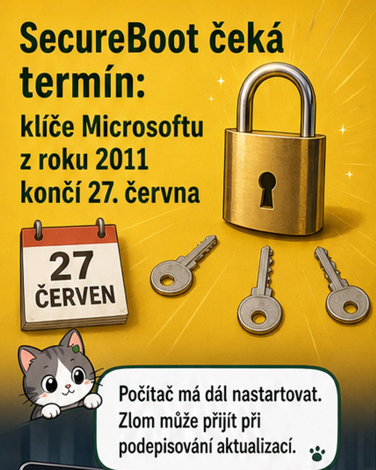 Ilustrace počítače s upozorněním na vypršení bezpečnostního klíče SecureBoot a ikonou aktualizace firmware.
