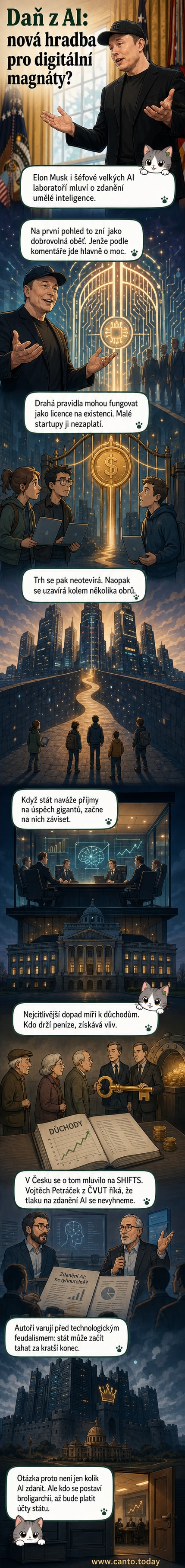 Ilustrace: Technologičtí magnáti stojí před budovou parlamentu a podávají státu šek s nápisem 'daň z AI', zatímco v pozadí roste hradba blokující menší startupy.
