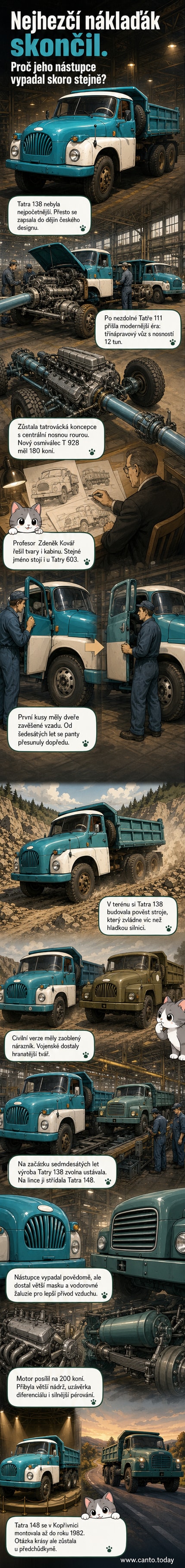 Ilustrovaná scéna ukazující Tatra 138 na podvozku s centrální rourou, vedle ní designér pracující na modelu kabiny, v pozadí továrna v Kopřivnici.