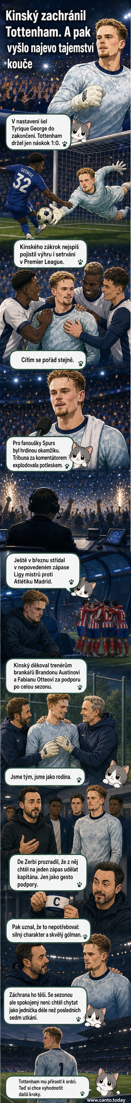 Český brankář Tomáš Kinský slaví po zápase v dresu Tottenhamu, kolem něj fanoušci a spoluhráči.