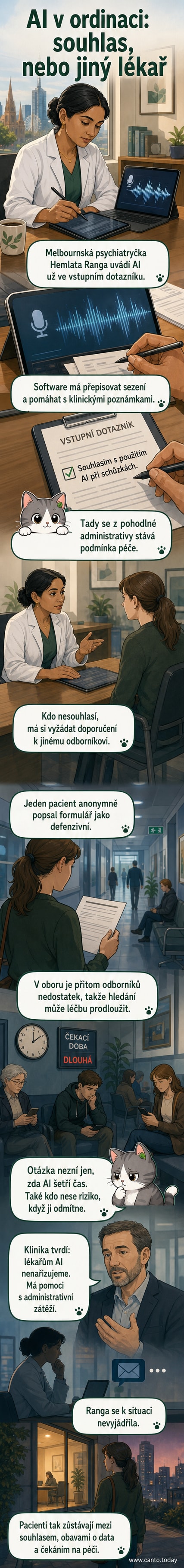 Ilustrace ukazuje lékařku v ordinaci, která během rozhovoru s pacientem sleduje obrazovku, kde AI zpracovává hlasový vstup do textových poznámek. Na stěně je formulář s nápisem „Souhlas s AI“.