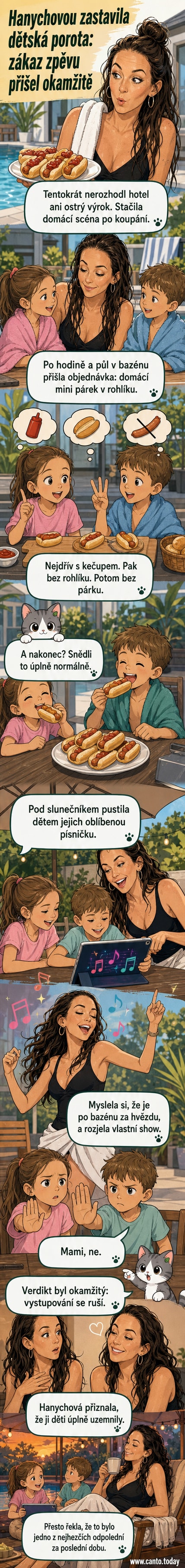 Ilustrace Agáty Hanychové tančící pod slunečníkem, zatímco její děti sedí s vážnými výrazy a ukazují na značku zakázaného tance.
