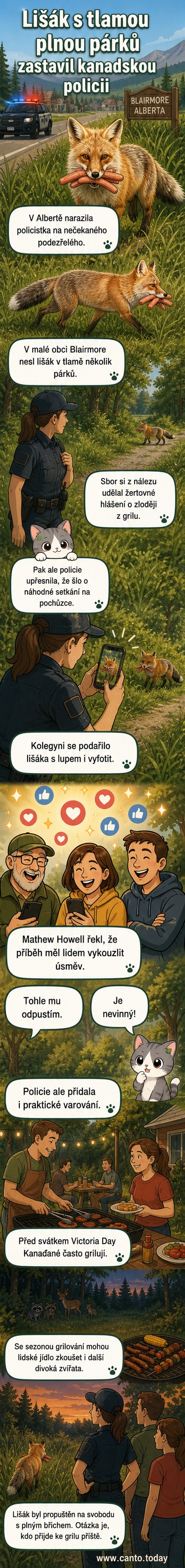 Ilustrace: Policista pozoruje lišáka, který utíká s páryky v tlamě z místa grilování na louce.
